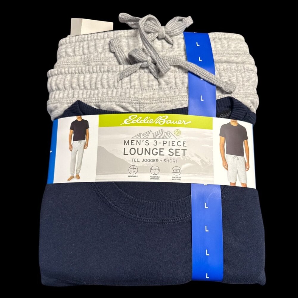 Eddie Bauer Mens 3-Piece Lounge Set Tee Jogger Shorts Breathable Adjustable Draw